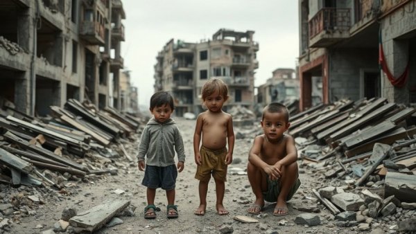 Desolate scene of children in ruins illustrating climate refugees by 2050.