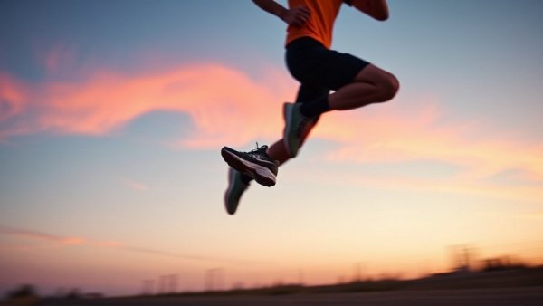 Runner jumping in Nike Vomero Plus shoes against twilight sky.