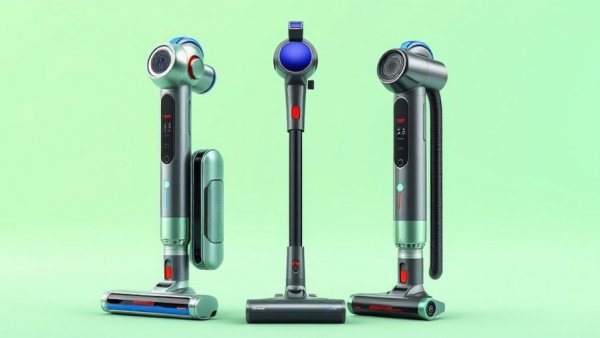 Modern handheld vacuums for home cleaning on a light green background.