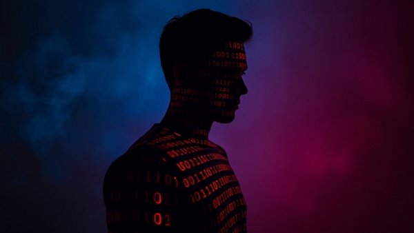 Person with binary code projection symbolizing cyberbullying in France.