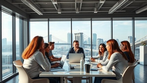 Young professionals discussing salary transparency in modern office with city view.