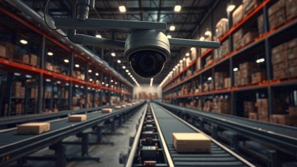 AI in Logistics: Surveillance camera monitoring packages on conveyor belts.