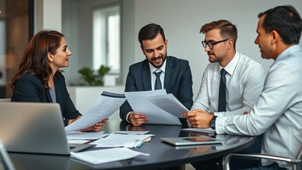 Business professionals discussing CSRD sustainability reporting requirements with laptops.