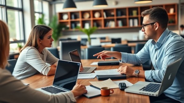 Team discussing CSRD sustainability reporting with laptops and documents.