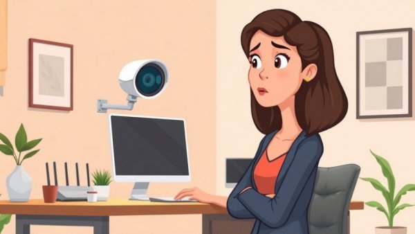 Animated woman in home office with a surveillance camera, concerned expression.