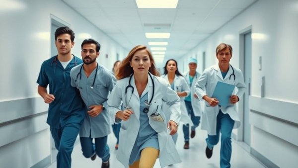 Medical team running urgently in hospital, stressvol werk environment.