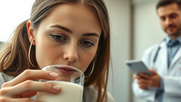 Close-up of woman drinking milk, doctor watching, lactose intolerance nocebo effect.