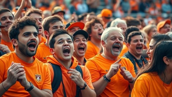 Excited football fans with mixed emotions and vibrant orange clothing.