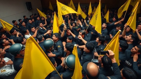 Protesters clash with UN security at climate summit amid yellow flags.