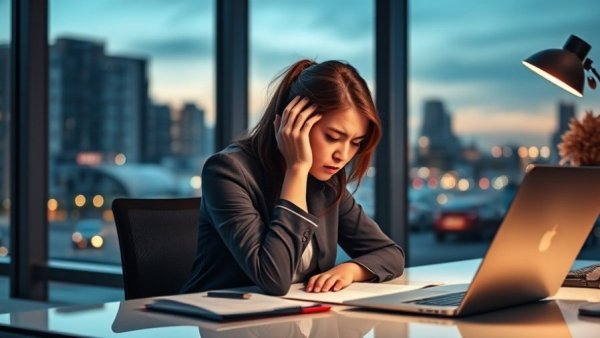 Woman showing symptoms of burnout at office desk