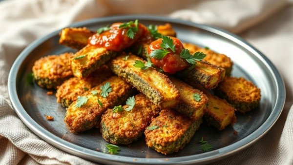Tempura van courgette dish on metal plate with herbs and sauce.