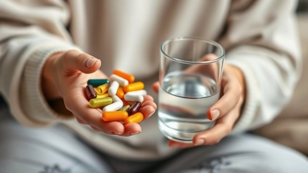 Hands holding vitamins and water for healthy aging supplements