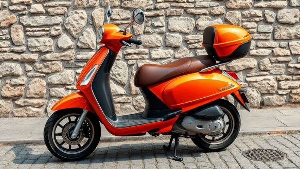 Smart mobility choice scooter parked on cobblestone street, vibrant orange.