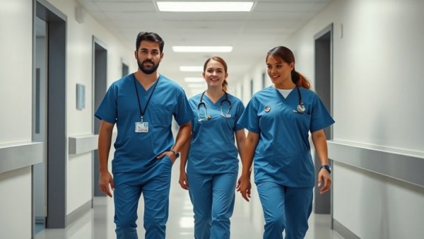 Healthcare professionals in blue scrubs walking through a bright hospital corridor.