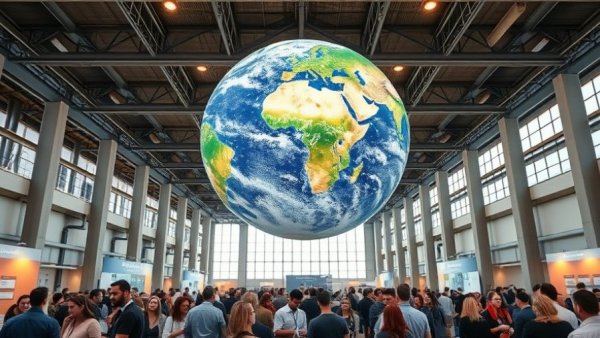 Environmental exhibition hall discussing climate topics with Earth globe centerpiece.