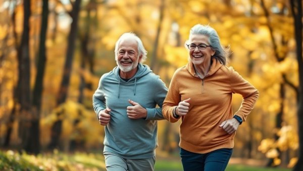Hardlopen op hogere leeftijd: oudere koppel aan het rennen in het bos.