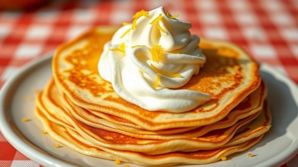 Silky pancakes recipe with whipped cream and lemon zest on plate.