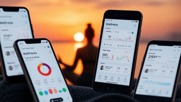 Custom wellness apps for employee burnout displayed on smartphone screens against sunset.