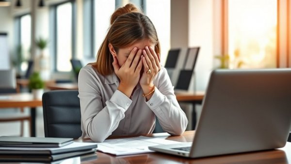 Stressed young woman at desk with laptop, symbolizing mortgage work-life balance.