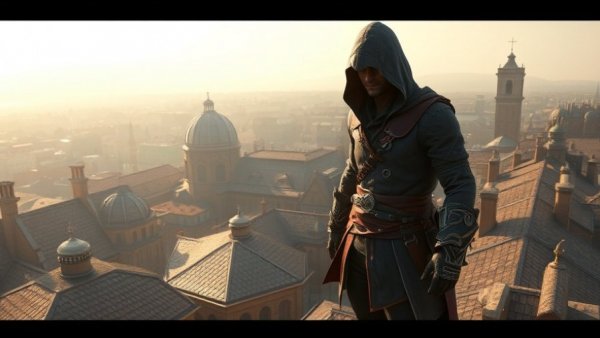 Historical cityscape with assassin on beam in Assassin's Creed.