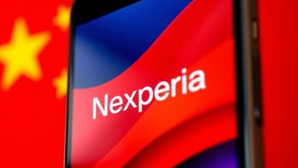 Nexperia logo on smartphone over Chinese flag, chip crisis theme.