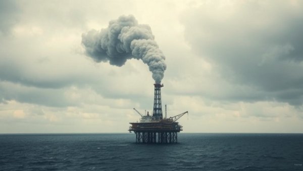 Offshore oil rig emitting smoke under dark clouds, energy transition myths.