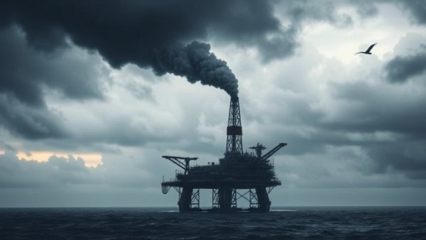 Dramatic oil platform under stormy skies symbolizing energy transition myth.