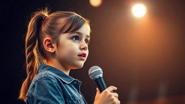 Teen girl on stage speaking confidently, representing positive thinking foundation.