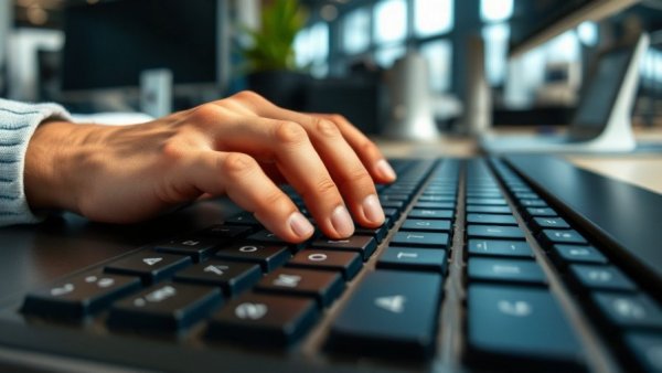 Close-up hand typing on keyboard in CAK healthcare management advancements context.