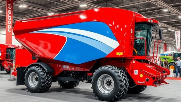 Large red and blue self-propelled feed mixer displayed at exhibition.