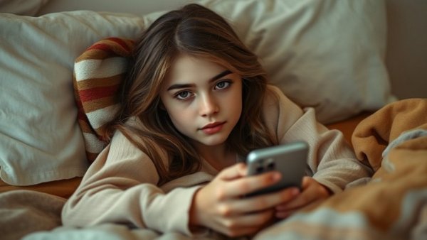Teen girl reflecting on social media content, relaxing on bed.