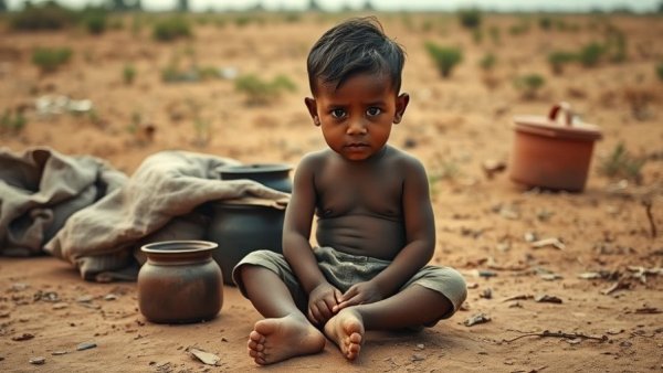 Child in Sudan amidst belongings highlighting humanitarian crisis.