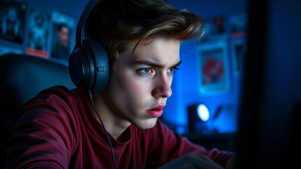 Teen focused on screen, symbolizing childhood trauma and aggression in teens with gaming disorder.
