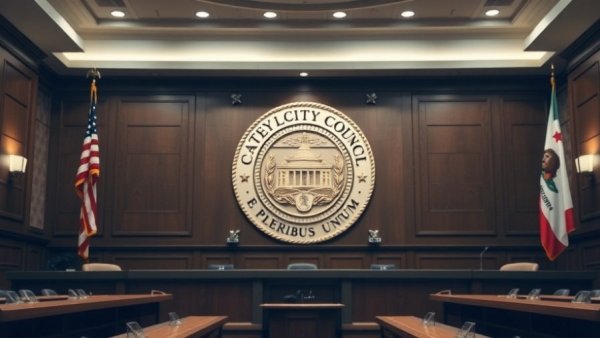 Bakersfield city council chamber with seal and flags, relevant to water park proposal.