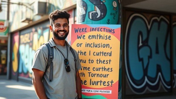 Volunteer displays community poster at Transformative Justice Center in urban setting