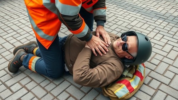 Safety and prevention training scene outdoors, assisting injured worker.