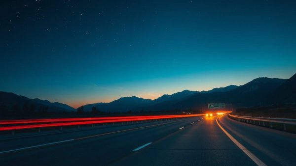 Dynamic light trails on highway at night and mountains backdrop.
