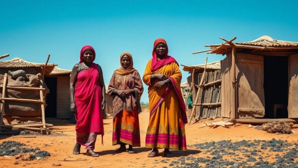 Sudanese women in traditional attire stand amidst rural setting.