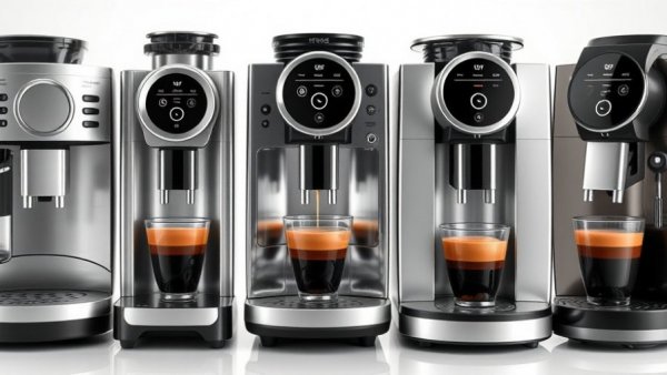 Sleek fully automatic coffee machines displayed against light background.