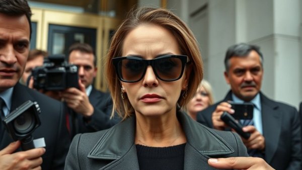 Woman surrounded by reporters after federal indictment outside courthouse.