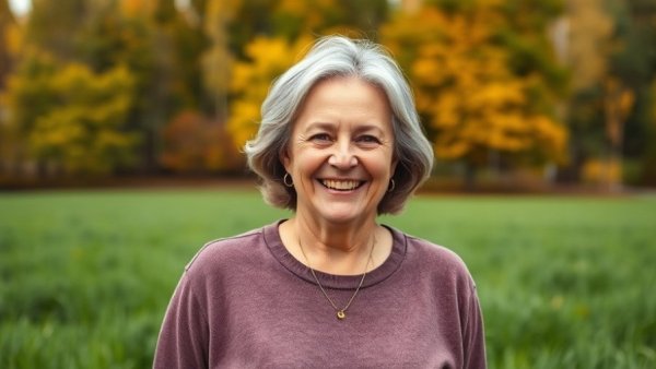 Middle-aged woman smiling in nature, agrarisch natuurbeheer background.