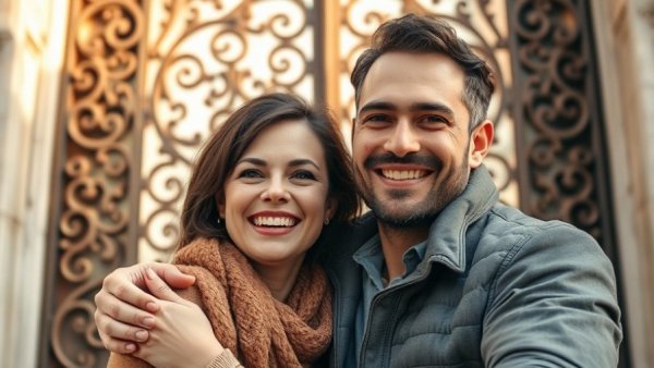 Joyful couple celebrating with smiles in front of ornate gate