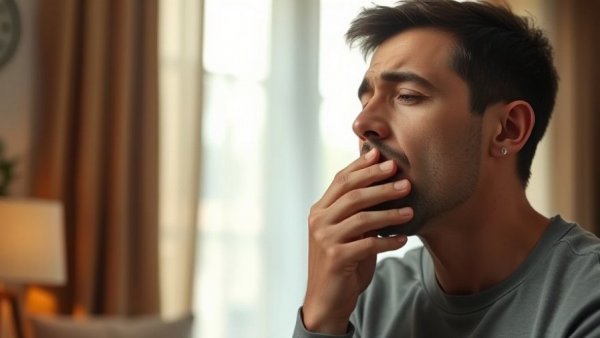 Person covering mouth, experiencing discomfort, highlighting indoor humidity health issues.