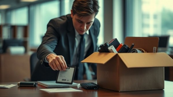 Tense scene symbolizing toxic workplace culture with a box and ID badge.