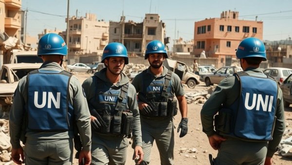 UN peacekeepers in Lebanon amid rubble and debris.
