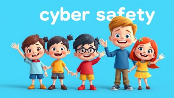 Cartoon children waving for cyber safety education for children.