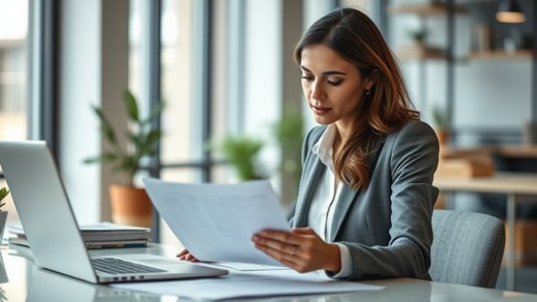 Professional woman working at desk, symbolizing the right to work from home when ill, in modern office.