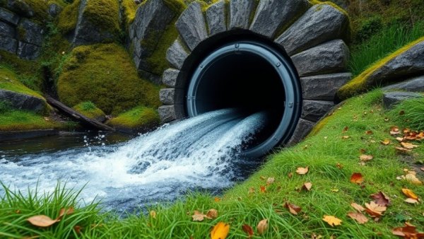 Water pipeline surrounded by mossy stone and grass signifies water safety risks.