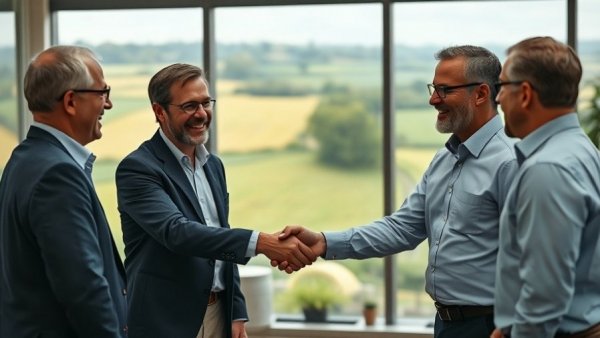 Sustainable Farming Network meeting in Noordoostpolder office, men shaking hands.
