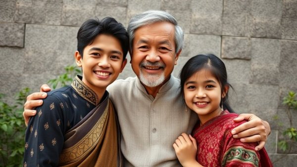 Warm family portrait with smiling children and adult, childhood trauma influences parenting connection.